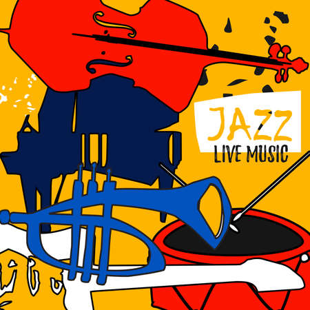 Musical promotional poster with musical instruments colorful vector illustration. Violoncello, piano, trumpet, guitar, drum for live concert events, jazz music festivals and shows, party flyerのイラスト素材