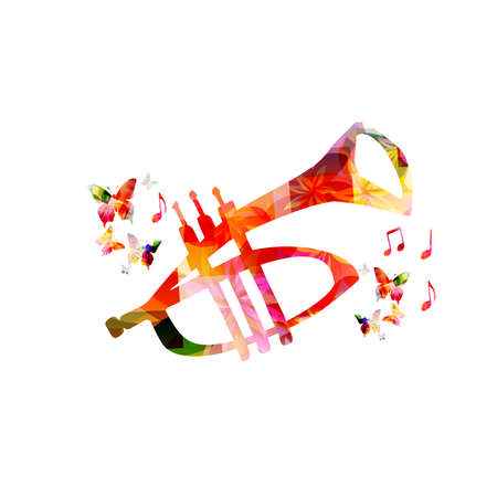 Trumpet with musical notes isolated for live concert events, jazz music festivals and shows, party flyer. Musical promotional poster with musical instrument colorful vector illustrationのイラスト素材