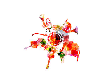 Musical promotional poster with musical instruments and lp vinyl record disc vector illustration. Artistic colorful design with vinyl record for concert events, music festivals and shows, party flyerのイラスト素材