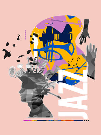 Musical poster design with musical instruments, live concert events, jazz music festivals and shows, party flyer. Musical promotional cover, colorful vector illustration, musical brochure, cardのイラスト素材