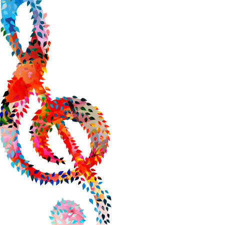 Colorful musical promotional poster with G-clef isolated vector illustration. Artistic background with treble clef and leaves for live concert events, music festivals and shows, party flyerのイラスト素材