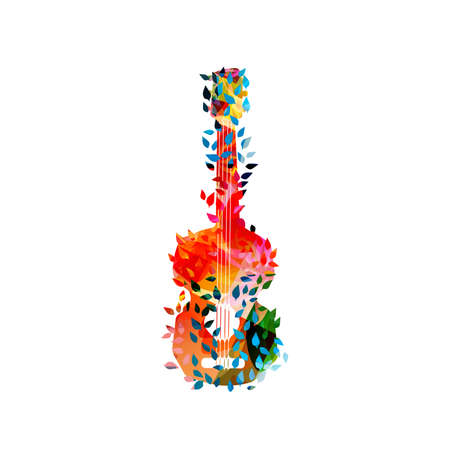 Acoustic guitar with leaves isolated for live concert events, jazz music festivals and shows, party flyer. Musical promotional poster with musical instrument, colorful vector illustrationのイラスト素材
