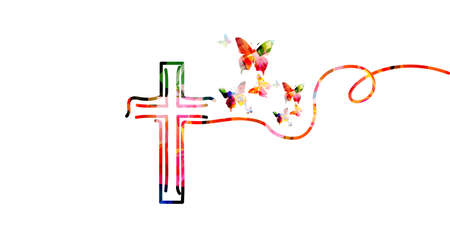 Christian cross with butterflies isolated vector illustration. Religion themed background. Design for Christianity, prayer and care, church service, communion, charity, help and supportのイラスト素材