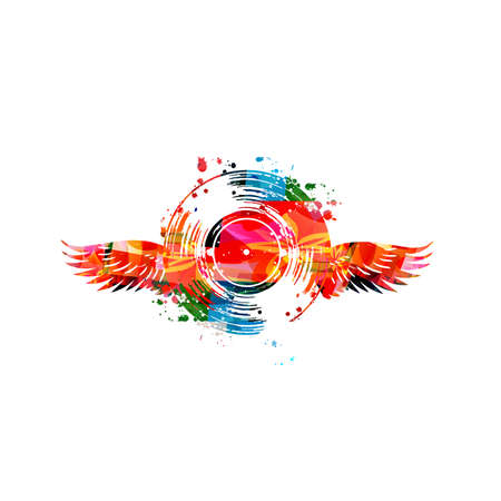 Music background with colorful vinyl record disc with wings, vector illustration design. Artistic music festival poster, music events, party flyerのイラスト素材