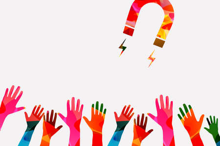 Attracting customers and buyers. Marketing strategy for attracting new users, leads, followers. Job recruitment. New candidates search. Magnet attracting people. Vector illustrationのイラスト素材