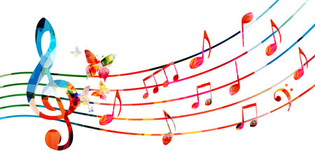 Colorful musical promotional poster with musical notes and butterflies isolated vector illustration. Artistic background with G-clef for live concert events, music festivals, shows, party flyerのイラスト素材