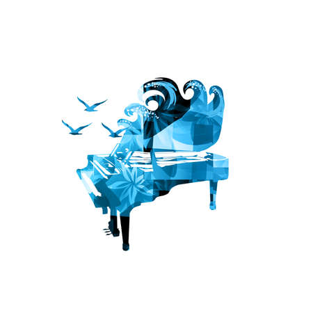 Piano with waves and seagulls isolated for live concert events, jazz music festivals and shows, party flyer. Musical promotional poster with piano, inspirational music vector illustrationのイラスト素材