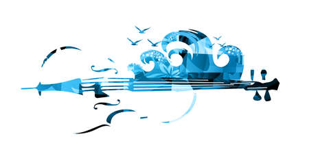 Violoncello with waves and seagulls isolated for live concert events, jazz music festivals and shows, party flyers. Musical promotional poster with cello, inspirational music vector illustrationのイラスト素材