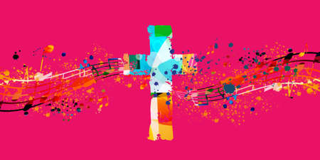 Christian cross with musical notes vector illustration. Religion themed background. Design for gospel church music, choir singing, concert, festival, Christianity, prayerのイラスト素材