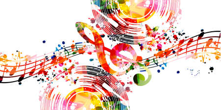 Colorful LP vinyl record disc with musical notes and G-clef for concert events, music festivals and shows, party flyers, invitations. Musical poster for club party vector illustrationのイラスト素材