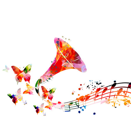 Colorful musical poster with musical notes, staff, gramophone horn and butterflies isolated vector illustration. Playful background for live concert events, music festivals and shows, party flyerのイラスト素材