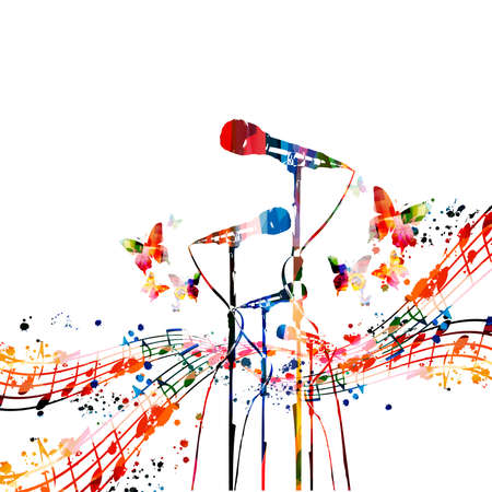Colorful musical poster with microphones vector illustration. Live concert events, music festivals and shows background, karaoke party flyer with musical notes and microphonesのイラスト素材