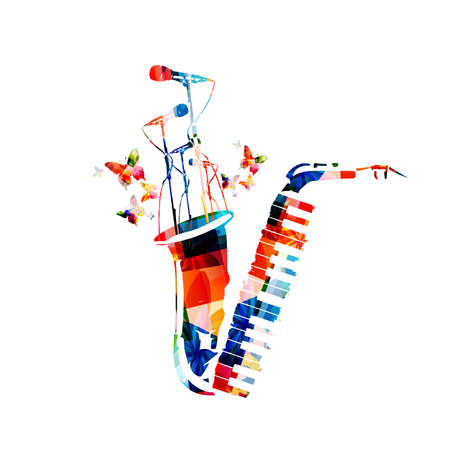 Colorful musical poster with saxophone, microphones and piano keyboard isolated vector illustration. Live concert events, music festivals and shows creative background, party flyer invitationのイラスト素材
