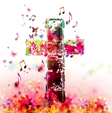 Christian cross with musical notes vector illustration. Religion themed background with floral elements. Design for Christianity, prayer, help and care, church choirのイラスト素材