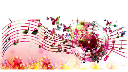 Colorful LP vinyl record disc with musical notes stave and butterflies for concert events, music festivals and shows, party flyers, invitations. Musical poster for club party vectoのイラスト素材