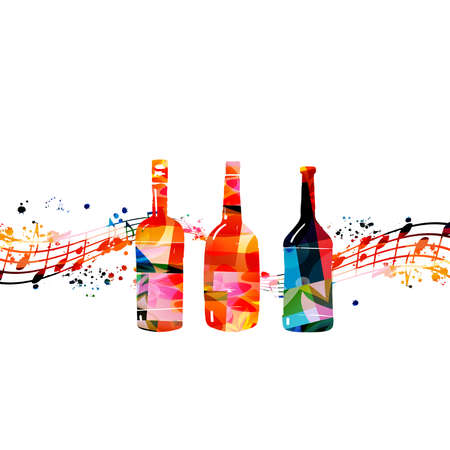 Colorful glass bottles with musical notes vector illustration. Party flyer, wine tasting event, wine festival, celebrations, restaurant poster. Wine drink design for invitation carのイラスト素材