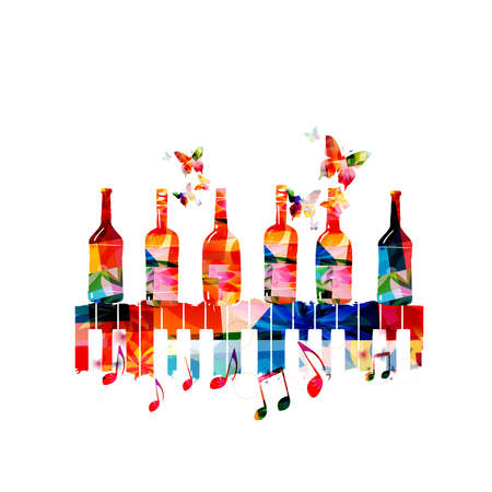 Colorful glass bottles with piano keyboard and musical notes vector illustration. Party flyer, wine tasting event, wine festival, celebration, restaurant poster, invitation card, mのイラスト素材