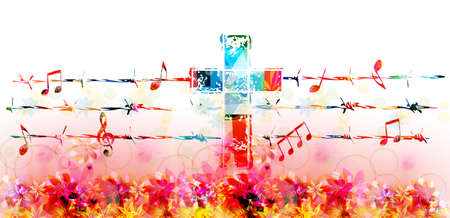 Christian cross with musical notes attached to barbed wire and isolated vector illustration. Religion themed background. Design for Christianity, church service, church choirのイラスト素材