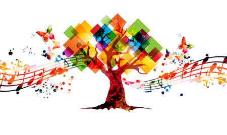Relaxing music concept with tree and musical notes isolated vector illustration. Calming colorful musical design, nature inspired with musical staff and butterfliesのイラスト素材