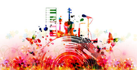 Stylish musical poster with abstract musical instruments in pink colors. Floral background with LP vinyl record disc for concert events, music festivals and shows, party flyer. Vecのイラスト素材