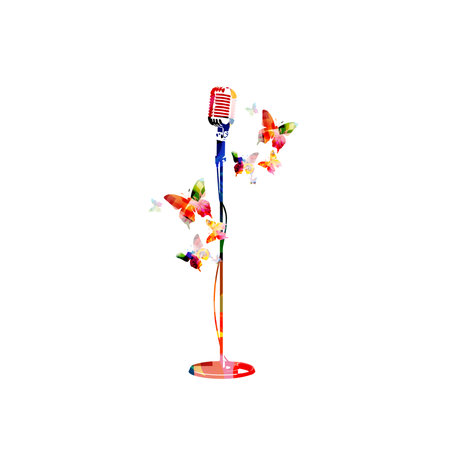 Musical poster with microphone and butterflies on white background in pink color. Vector illustration. Live concert events, music festivals and shows background, karaoke party flyeのイラスト素材