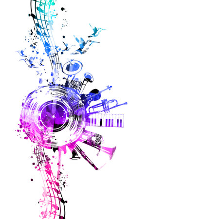 Music promotional poster with musical instruments and notes isolated. Vector illustration. Playful design with vinyl disc for concert events. Music festivals and shows, party flyerのイラスト素材