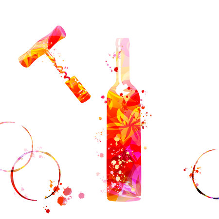 Wine bottle with flowers and corkscrew. Floral aroma wine in a bottle. Colorful alcoholic beverage for celebrations and special occasions. Degustation events. Wine making.のイラスト素材