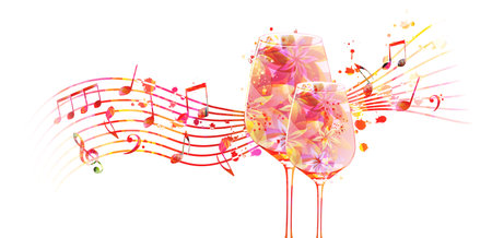 Elegant wine glasses with flowers and musical notes. Floral aroma wine in goblet. Colorful stemware with alcoholic beverage for celebrations, special occasions and degustation evenのイラスト素材