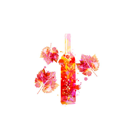 Colorful glass bottle with grapevine leaves vector illustration. Party flyer, wine tasting event, wine festival, celebration, restaurant poster. Wine drink design for invitation caのイラスト素材