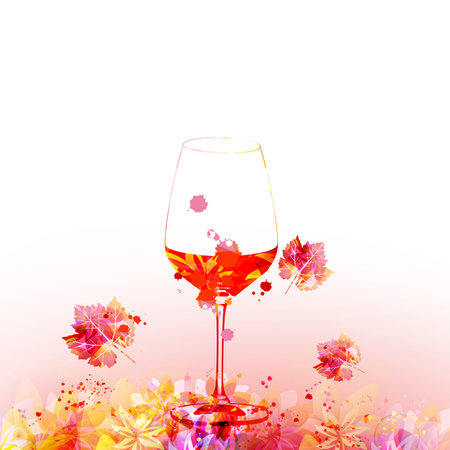 Elegant wine glass with grapevine leaves. Floral aroma wine in goblet. Colorful stemware with alcoholic beverage for celebrations, special occasions, fairs and degustation events.のイラスト素材