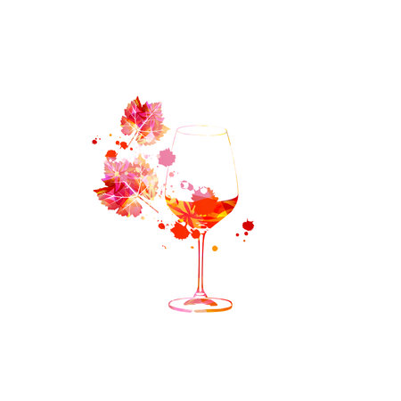 Elegant wine glass with grapevine leaves. Floral aroma wine in goblet. Colorful stemware with alcoholic beverage for celebrations, special occasions, fairs and degustation events.のイラスト素材