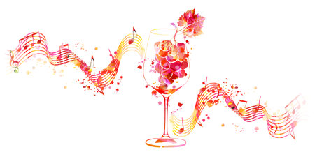 Beautiful wine glass with grapes and musical notes staff. Colorful goblet with alcoholic beverage. Glogg for celebrations and special occasions. Vino fairs and degustation events.のイラスト素材