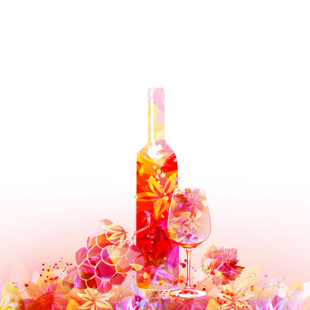Beautiful wine glass with bottle, grapes and grapevine leaf. Floral aroma alcoholic beverage, liquor for celebrations and special occasions. Vino fairs and degustation events. Vectのイラスト素材