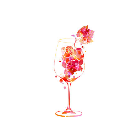 Beautiful wine glass with grapes and grapevine leaf. Colorful goblet for alcoholic beverage. Glogg liquor for celebrations, special occasions. Vino fairs and degustation events. Veのイラスト素材