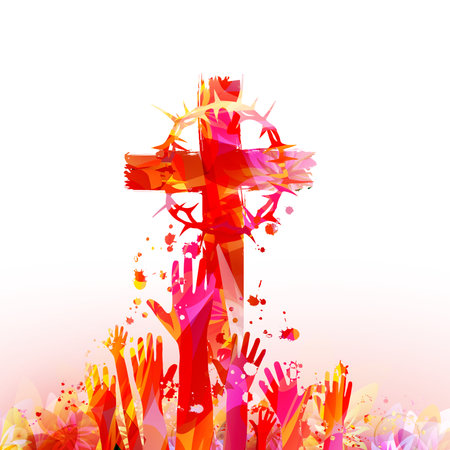 Christian cross with Crown of Thorns and hands in red color, isolated vector illustration. Religion themed design for Christianity and worshipping community. Wreath of thorns concept with arms raisedのイラスト素材