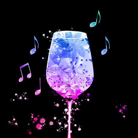 Elegant crystal wine glass with flowers on black. Floral aroma wine in goblet. Stemware with alcoholic beverage for celebrations, special occasions, fairs and degustation events. Vのイラスト素材