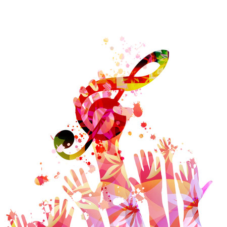 Hand holding treble clef musical note symbol on white background. Music inspired design with abstract G-clef. Live concert event, talent show, music festivalのイラスト素材