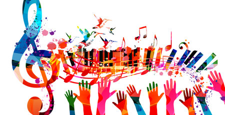 Colorful treble clef musical note symbol with piano keyboard and hands background. Abstract G-clef and musical notes staff poster. Live concert events, music talent show flyerのイラスト素材
