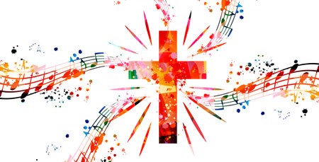 Creative music style template vector illustration, colorful cross with music staff and notes background. Religion themed design for gospel church music and concert, choir singing,のイラスト素材