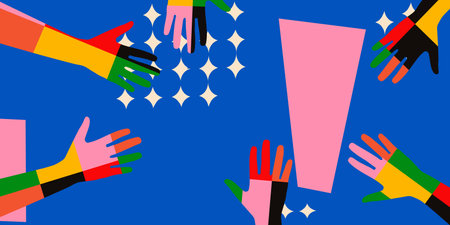Colorful human hands isolated vector illustration. Charity and help, volunteerism, social care and...
