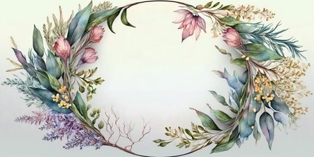 Floral botanical flower. Wedding background card floral decorative border. Leaves minimalistic frame. Plants, branches, Herbal. Greenery wedding square invitation. leaf, Watercolor, line drawing style.の素材