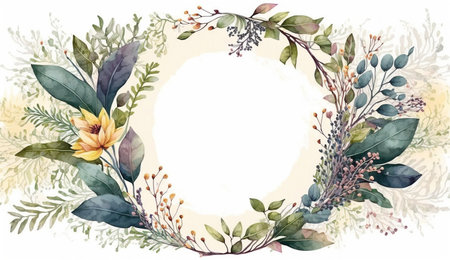 Floral botanical flower. Wedding background card floral decorative border. Leaves minimalistic frame. Plants, branches, Herbal. Greenery wedding square invitation. leaf, Watercolor, line drawing style.の素材
