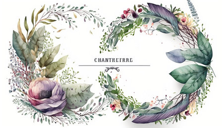 Floral botanical flower. Wedding background card floral decorative border. Leaves minimalistic frame. Plants, branches, Herbal. Greenery wedding square invitation. leaf, Watercolor, line drawing style.の素材