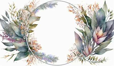 Floral botanical flower. Wedding background card floral decorative border. Leaves minimalistic frame. Plants, branches, Herbal. Greenery wedding square invitation. leaf, Watercolor, line drawing style.の素材