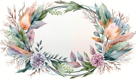 Floral botanical flower. Wedding background card floral decorative border. Leaves minimalistic frame. Plants, branches, Herbal. Greenery wedding square invitation. leaf, Watercolor, line drawing style.の素材