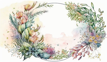 Floral botanical flower. Wedding background card floral decorative border. Leaves minimalistic frame. Plants, branches, Herbal. Greenery wedding square invitation. leaf, Watercolor, line drawing style.の素材