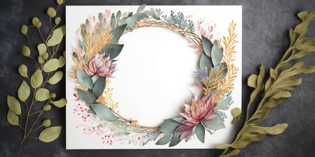 Floral botanical flower. Wedding background card floral decorative border. Leaves minimalistic frame. Plants, branches, Herbal. Greenery wedding square invitation. leaf, Watercolor, line drawing style.の素材
