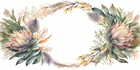 Floral botanical flower. Wedding background card floral decorative border. Leaves minimalistic frame. Plants, branches, Herbal. Greenery wedding square invitation. leaf, Watercolor, line drawing style.の素材