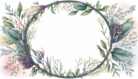 Floral botanical flower. Wedding background card floral decorative border. Leaves minimalistic frame. Plants, branches, Herbal. Greenery wedding square invitation. leaf, Watercolor, line drawing style.の素材