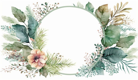 Floral botanical flower. Wedding background card floral decorative border. Leaves minimalistic frame. Plants, branches, Herbal. Greenery wedding square invitation. leaf, Watercolor, line drawing style.の素材